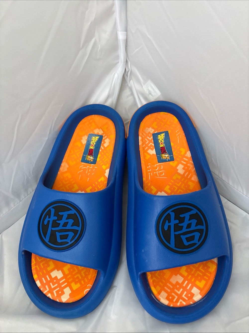 Blue Slide Sandals with Orange Footbed for Kids - Dragon Graphic